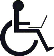 disability icon of a stick figure in a wheel chair with a laptop computer