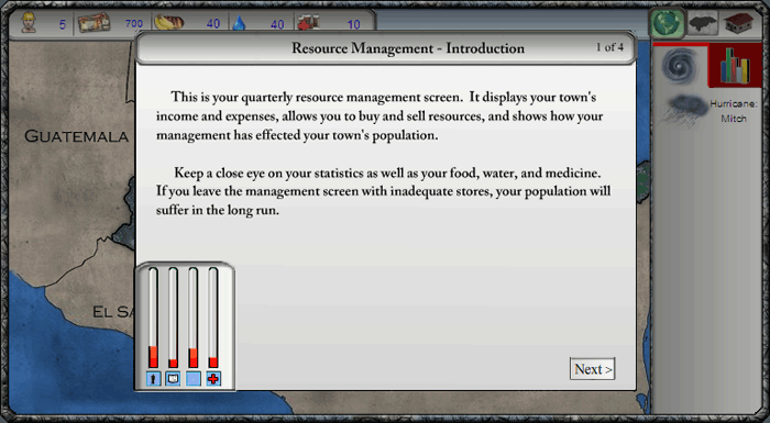 Screenshot of the first resource management screen